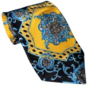 Vintage Lord & Taylor Mens Tie Silk Blue Yellow Baroque Necktie 60x3.75” USA